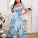 Women's Plus Size Floral Maxi Dress Puff Sleeves Cottagecore Corset Dresses Flowy Smocked Formal Casual Party Wear (Large, Blue)
