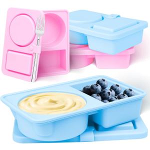 Reusable Silicone Snack Boxes with Lids Double-Layer Design Suitable for Storing Lunch Fruit and Snacks Also Suitable Compact Mini Snack Boxes (2Blue and 2Pink)