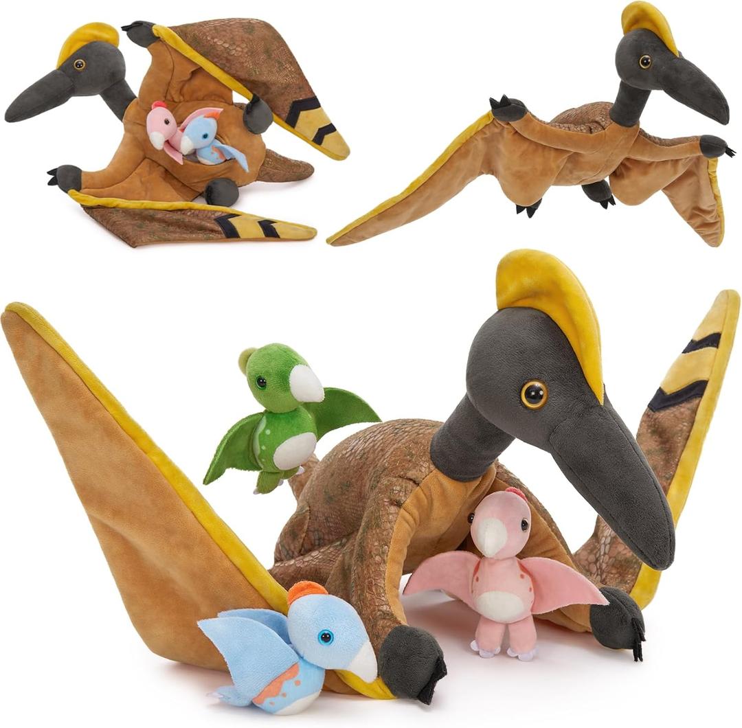 MaoGoLan 4 Pcs Pterodactyl Stuffed Animal with 3 Babies Inside Belly, 37 inch Pterodactyl Plush for Kids Giant Dinosaur Toy Dino Squad Party Favors Decorations Christmas (Pteranodon Families)
