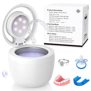 2025 Upgraded Ultrasonic Retainer Cleaner Machine Deep Clean with Buzzer Alarm, Versatile Denture Cleaner 45kHz, Mouth Guard Cleaner, Night Guard Cleaner Dental Cleaning Pod 6 u/v Lights (White)