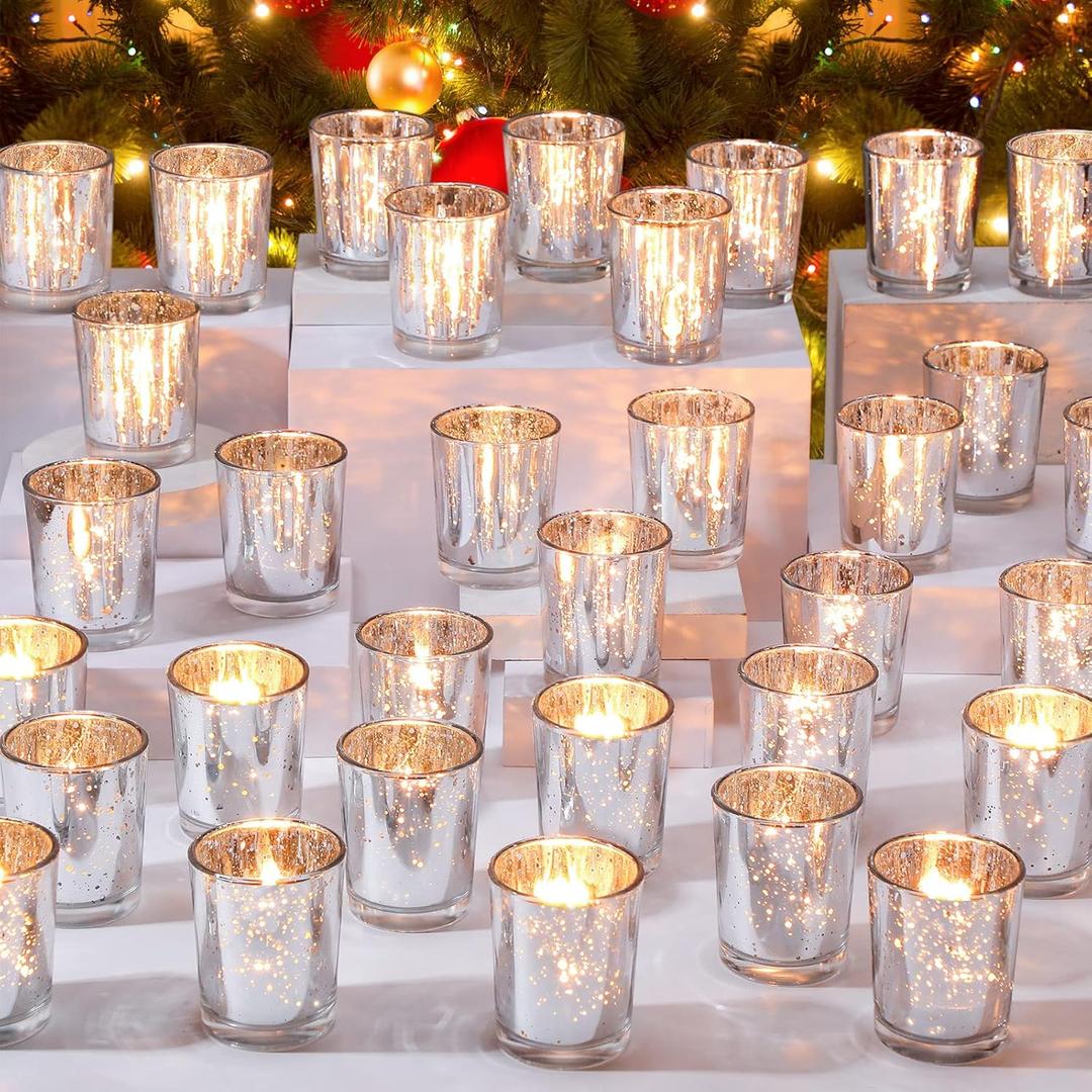 50 Pcs Votive Candle Holders Bulk Mercury Glass Votive Candle Holder Tealight Candle Holder Wedding Centerpiece for Table Home Birthday Anniversary Bridal Shower Party Decoration Reception (Silver)