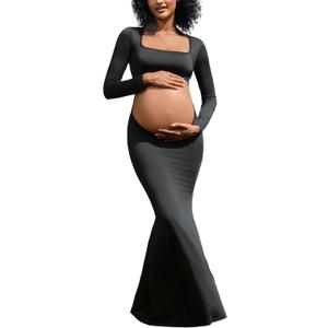 Bhome Maternity Photoshoot Dress Long Sleeve Sexy Cut-Out Backless Maternity Maxi Gown Photography Outfits (Black-upgraded Fabric), Size XL