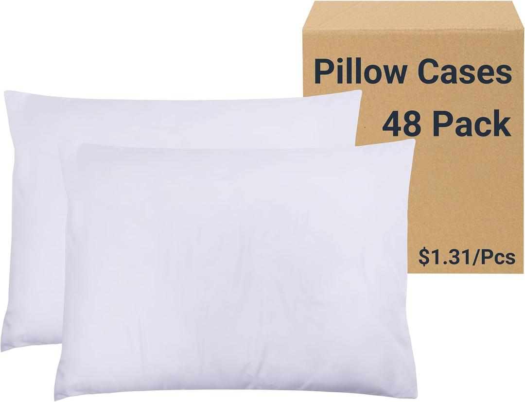 48 Pack Pillow Cases Standard Size with Envelope Closure - Soft Brushed Microfiber Fabric - Bulk Pillowcases for Hotel, Airbnbs, Hospital, Therapy Clinic, Fabric Marker (20x26, White)