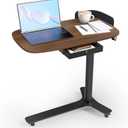 Rolling Adjustable Height Desk with Drawer and Wheels, Portable Small Standing Desk Pneumatic for Home Office, Mobile Computer Laptop Desk Cart, Medical Sofa Overbed Table, Black Walnut