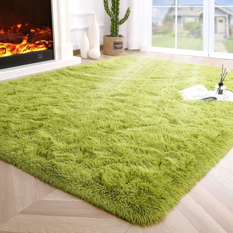 Green Grass Area Rugs for Bedroom Living Room, 9x12 Fluffy Fuzzy Shaggy Carpet for Kids Playroom Nursery Room, Thick Soft Plush Mat for Kids Baby Boys Teen Dorm Home Decor Aesthetic