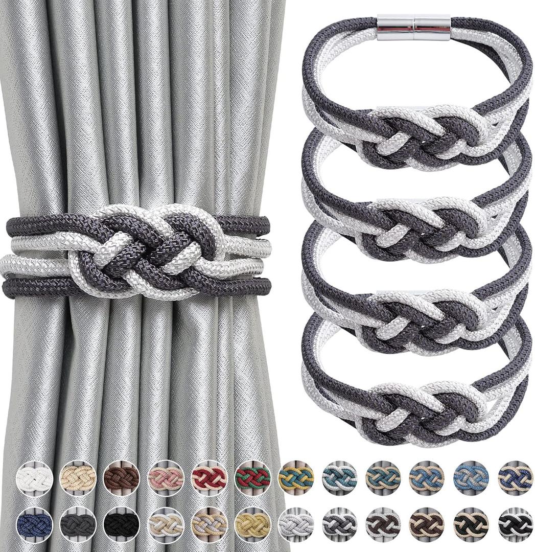 NICEEC 4 Pack Strong Magnetic Curtain Tiebacks Upgrade Nordic Style Drape Tie Backs Double Color Weave Rope Knot Decorative Curtain Holdbacks for Home & Office Window Drapery (Dark Grey & White)