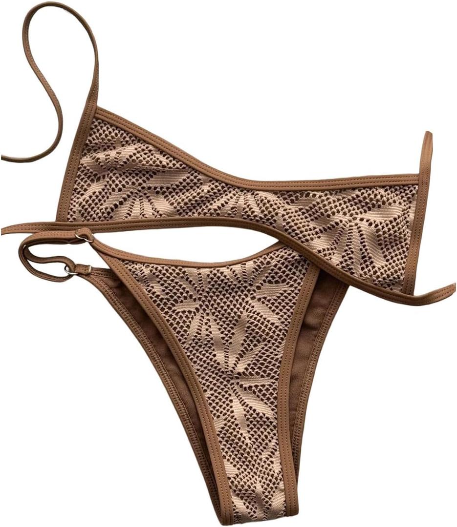 GORGLITTER Women's Cheeky High Cut Bikini Sets Scoop Neck Y2k Crochet Swimsuit 2 Piece Bathing Suit Beach Vacation Outfits (Medium, Brown)