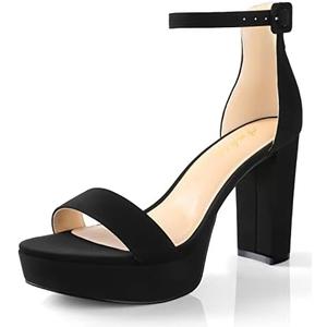 Ankis Chunky Platform Heels - 4 Inch Block Heeled Sandals for Women - Comfortable Open Toe Strappy Heels - Black, Nude, White, Silver, Gold - Summer Dress Shoes Size 7.5