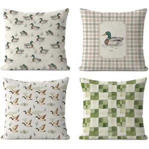 FGFK Farmhouse Mallard Duck Pillow Covers 18x18, Mallard Duck Nursery Decor, Farmhouse Beige Gingham Farm Animal Decorative Throw Pillow Covers for Kids Room Home Living Room Bedroom