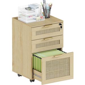 HOPUBUY 3 Drawer File Cabinet with Lock, Rattan File Cabinets with Wheels, Small Filing Cabinet for Hanging A4/Letter/Legal/F4, Rolling Wood Filing Cabinets for Under Desk Home Office, Oak