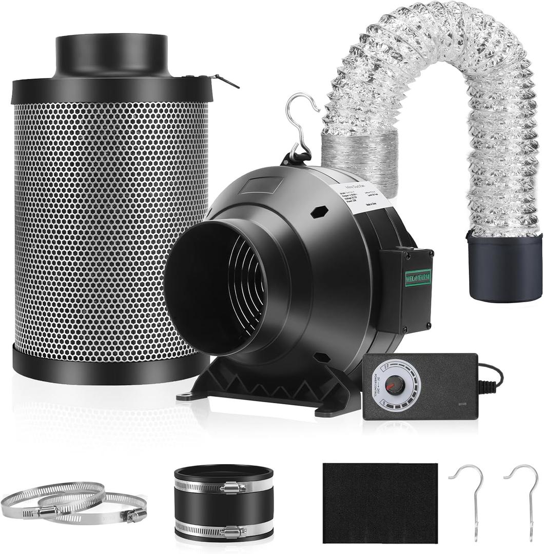 Air Filtration Kit, 4" 190 CFM Inline Duct Fan with Speed Controller, 12" High Carbon Filter, 8 Ft Ducting & Rubber Coupler, Air Cooling and Filtration Kit for Grow Tent, Hydroponics