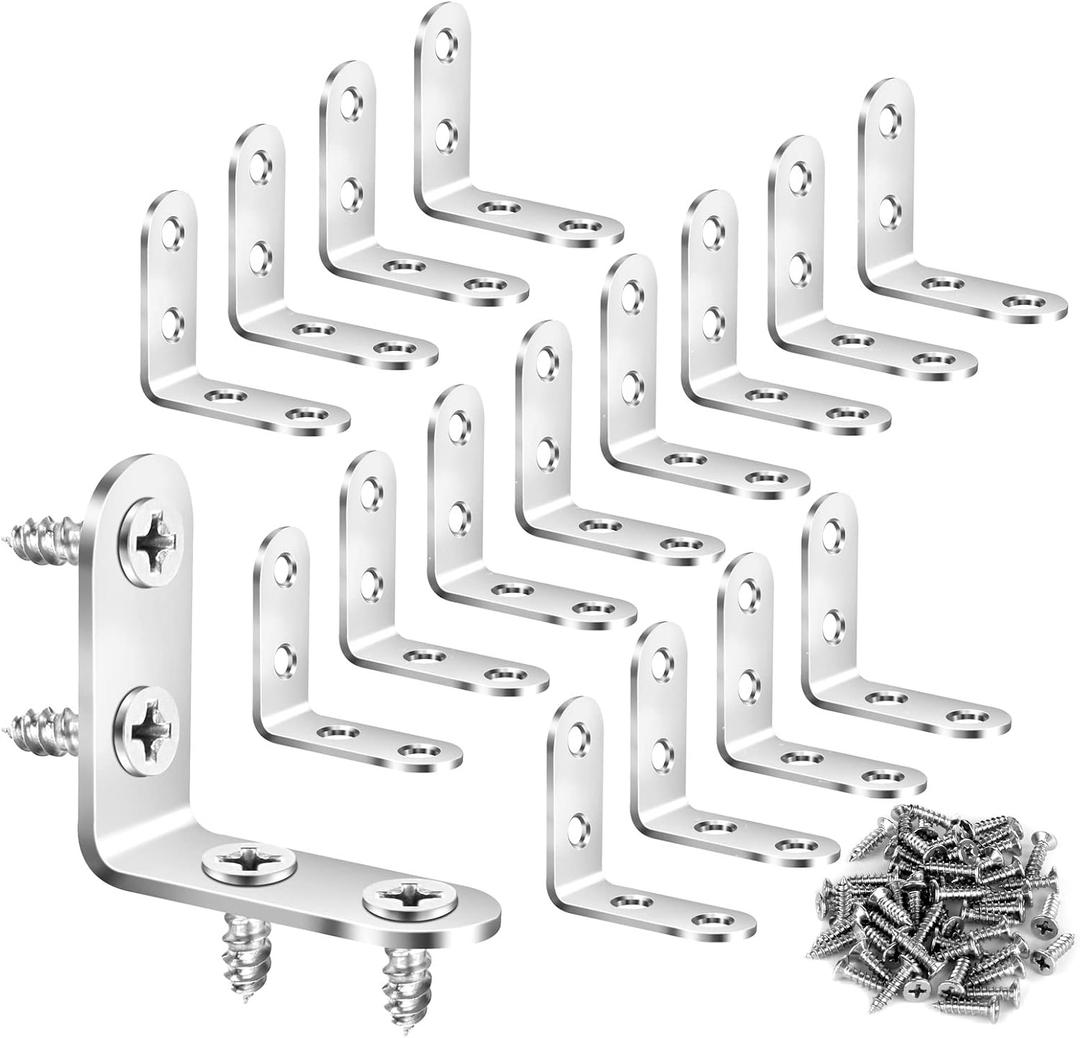 16PCS L Brackets 304 Stainless Steel 90 Degree Right Angle Waterproof Metal Shelf Support Brackets, DIY Fastners with 64pcs Screws