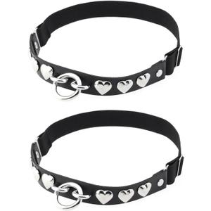 3 x 2PCs Adjustable O-Ring Leg Garter, Elastic Punk Studded Heart Thigh Garters for Women Parties, Black