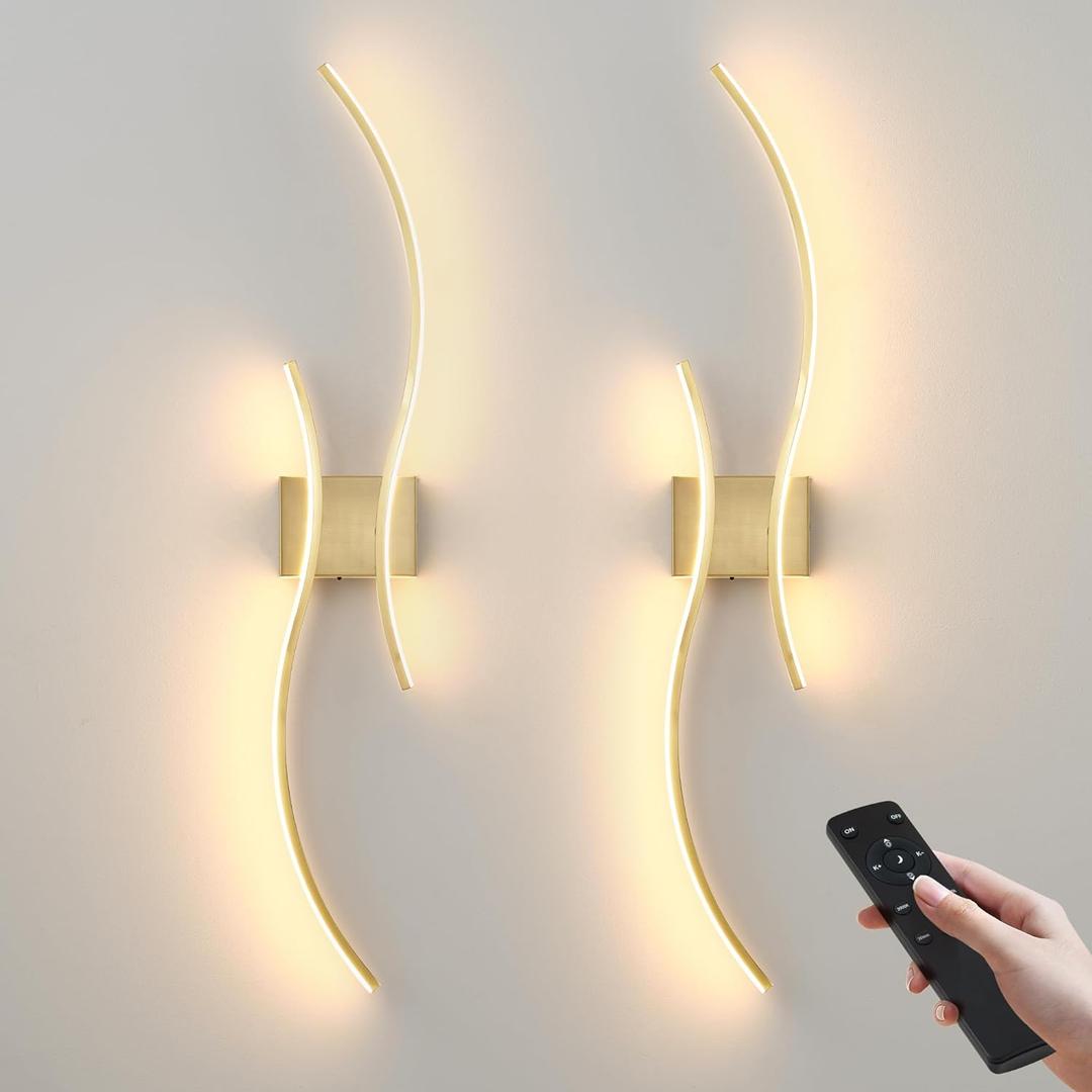 Battery Operated Wall Sconces Set of Two with Remote Control, Stepless Colors 3000K-6000K & Dimming, LED Brass Wireless Wall Light for Living Room, Hallway, Bedroom, 39.3 Inch (2 Pack)