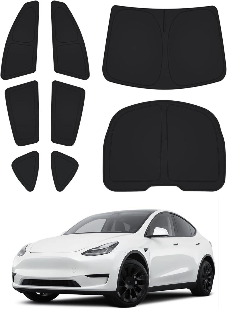 Windshield Sun Shade for Tesla Model Y 2020-2024 Accessories Side Rear Window Shade Cover Set Window Sun Visor Blocker Privacy Cover for Camping Keep Vehicle Cool Black 8PCS (Not for Juniper)