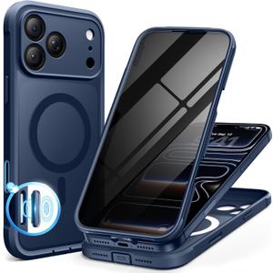BERFY for iPhone 17 Pro Case, Compatible with MagSafe, Built-in Privacy Screen Protector, Camera Protection, Shockproof Full Body Phone Case 6.3", Translucent Deep Blue