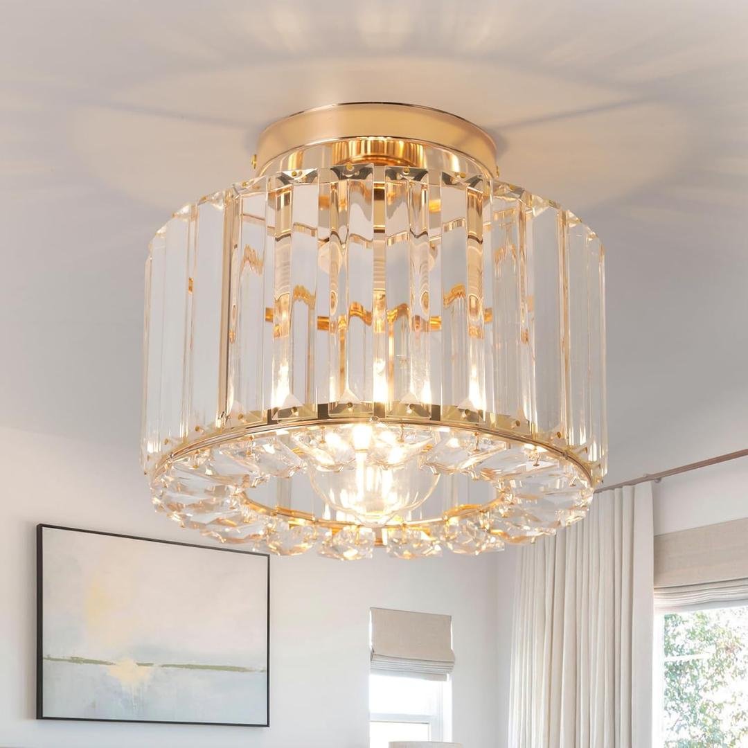 Gold Ceiling Lamp, Semi Flush Mount, Small Crystal, Entryway Chandelier for Dining Room, Bedroom, Kitchen