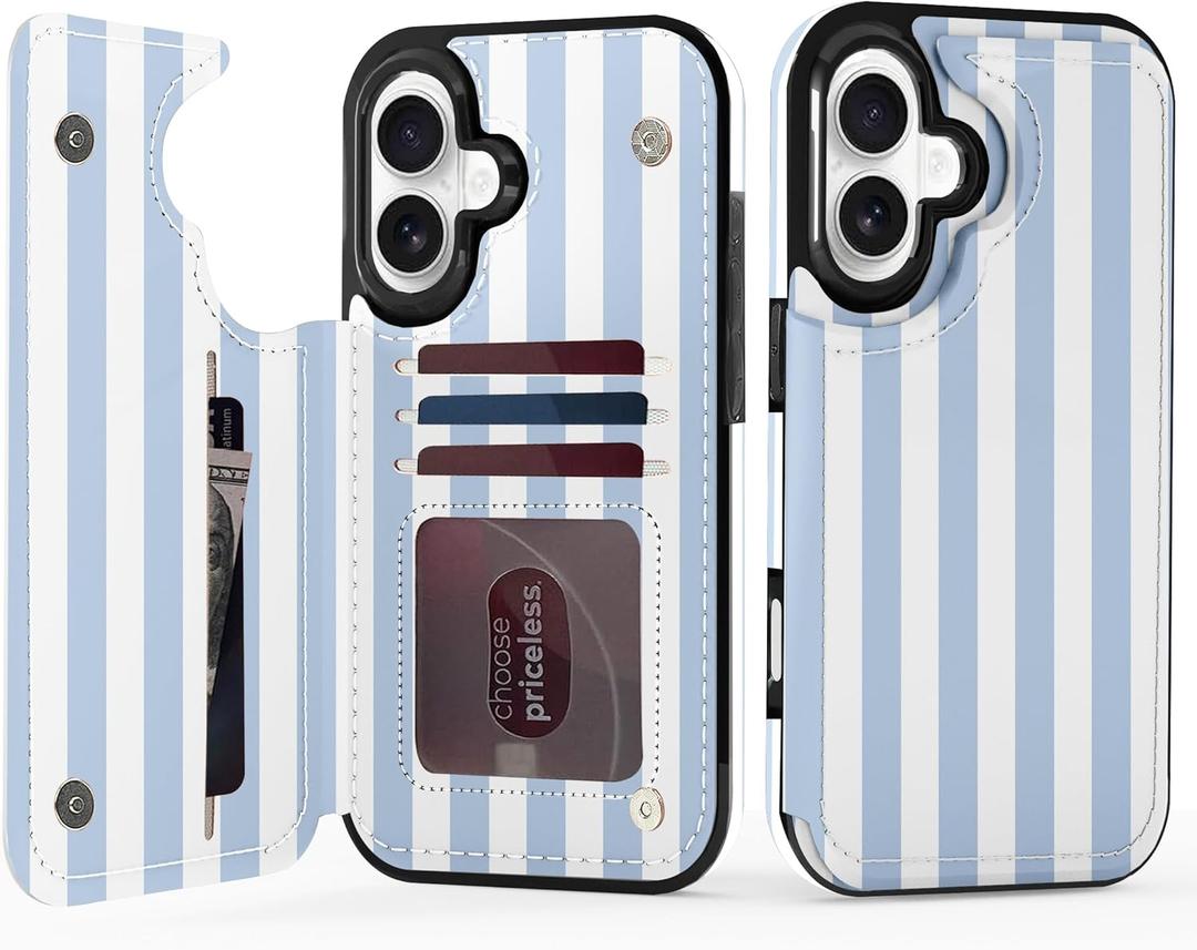 TopPerfekt for iPhone 17 Wallet Case with Card Holder, Military-Grade Drop Protection, Flip PU Leather Built, Double Magnetic Clasp and Durable Shockproof for iP17 6.3 Inch Cover - Stripes Blue White