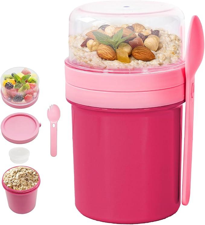 Overnight Oats Container, 450 ml + 250 ml, Reusable Yogurt Fruit Salad Cup Container with Lids and Spoon for Home, Work, Picnic, School (Blue)