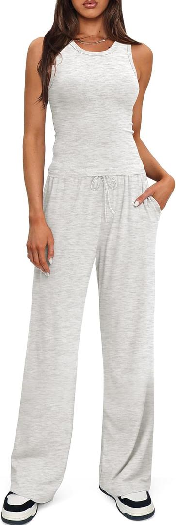 Darong Women's 2 Piece Outfits Lounge Sets Sleeveless Tank Tops Wide Leg Pants Sets Tracksuits Match Sets (Medium, White Grey(29" Inseam))