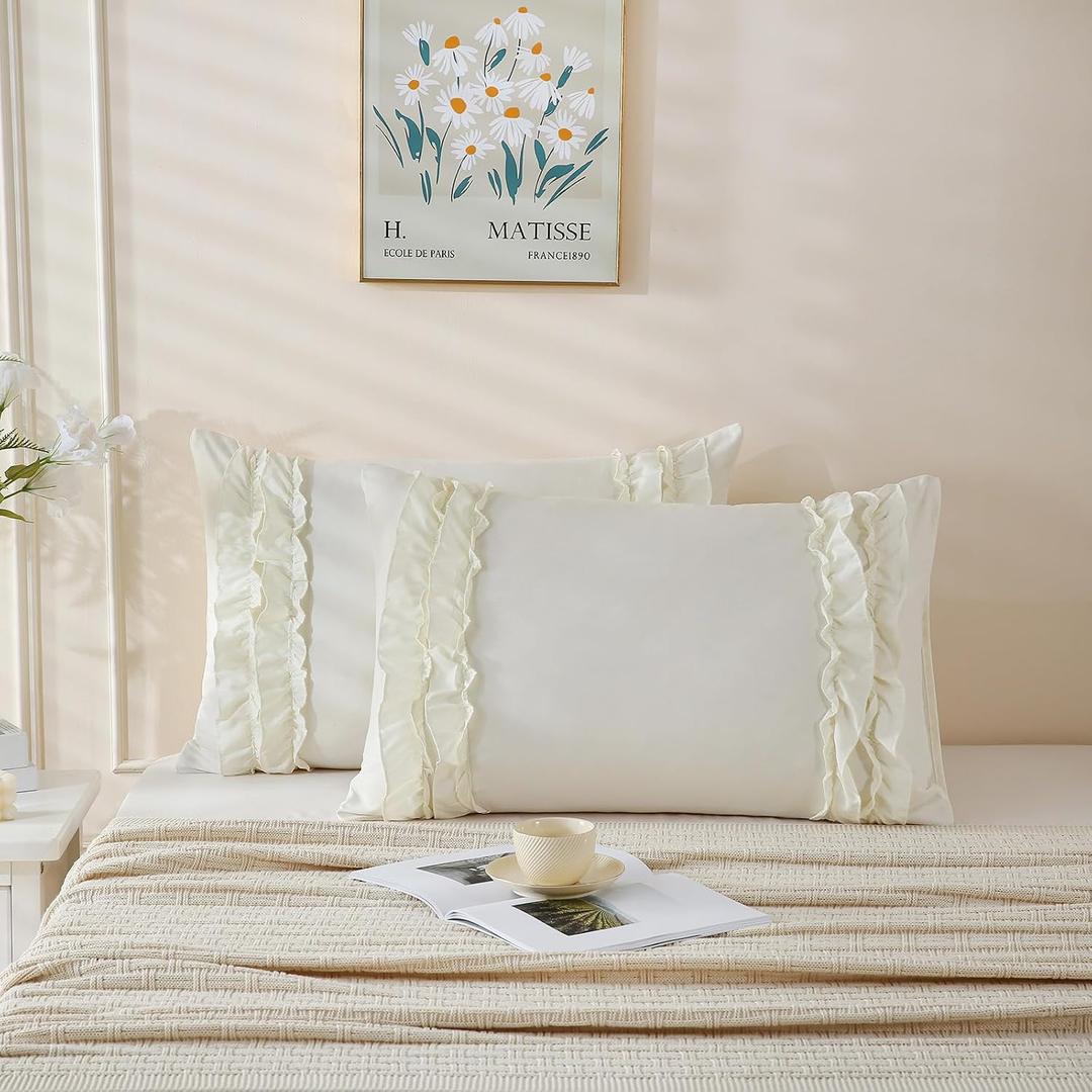 Herside Cream White Pillowcase King Size 2 Pack,Ruffle Pillow Shams,20x36 inches Chic Boho Pillowcases, French Country Vintage Ruffled Cute Pillow covers Set of 2 Soft Microfiber