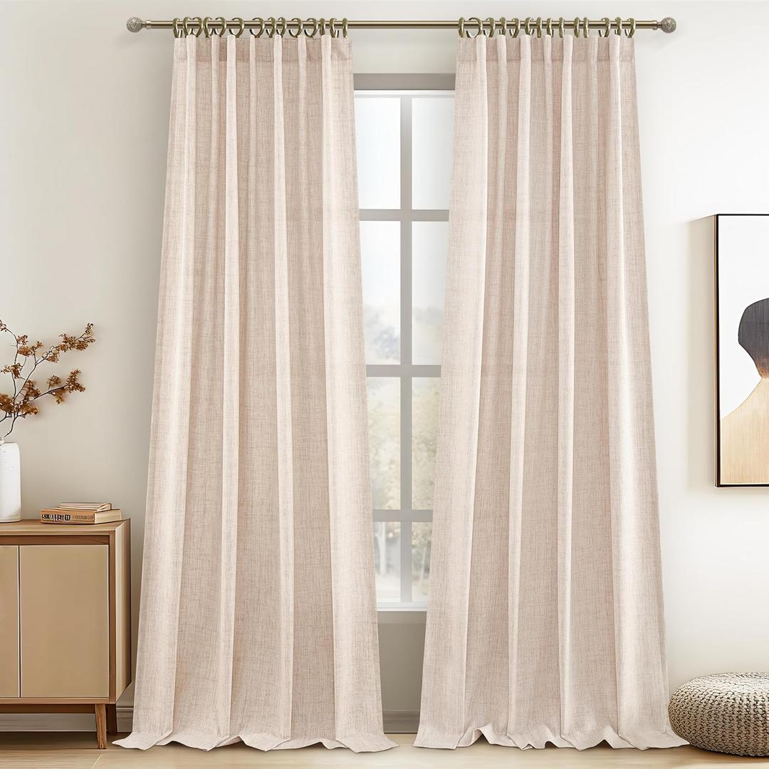 Heavy Linen Sliding Door Curtains 102 Inches Long 2 Panel Sets, Elegant Neutral Thin Light Filtering Pleated Sheer Curtain Ceiling Track 102 Inch Privacy Decorative for 103 Inch Long Window Drapes (52"W x 102"L (Pack of 2), Linen)
