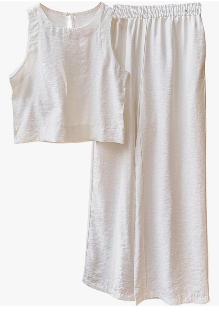 Women's Two Piece Sets Sleeveless Linen Tank Crop Top Wide Leg Pants Set Jumpsuits Medium