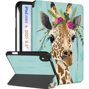 for iPad Mini 7 Case - for iPad Mini 6th/7th Generation Cases Women Girls Cute Folio Cover Girly Giraffe Design Unique Pencil Holder for Apple Mini 6 2021/Mini 7 A17 Pro 2024 Case 8.3 Inch