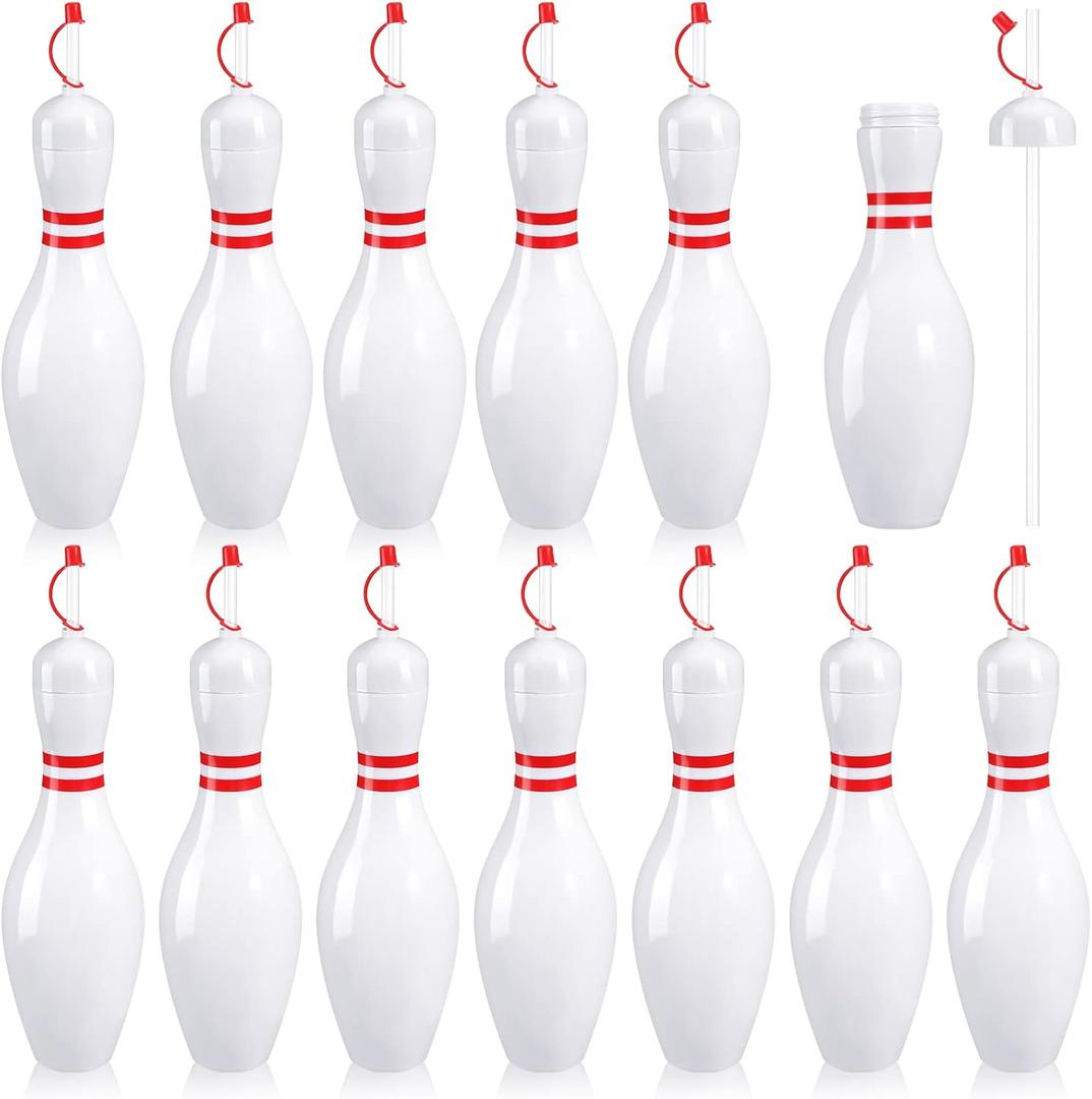 Funtery 12 Set Bowling Lovers Gifts for Men Women 25 oz Reusable Bowling Pin Plastic Water Bottles with Straws and Lids Sports Fans