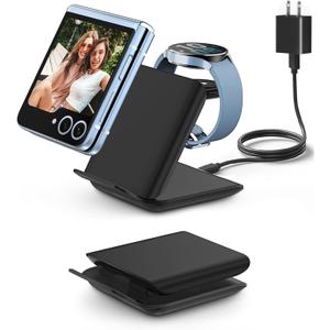 Wireless Charger for Samsung Galaxy z Flip & Watch Combo - 2 in 1 Foldable Wireless Charging Station for Flip 7/6/5/4, Motorola Razr+, Galaxy Watch 8/7/6 | PD20W Adapter Included | Black Travel Dock