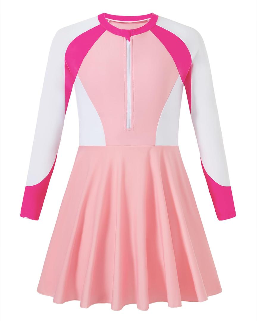 Mioglrie Girls Swimsuits Size 9-10 Bathing Suit for Teens Long Sleeve One Piece Pink Swimwear Kid Swim Suits with Bra Pads for Pool, Beach, Surfing