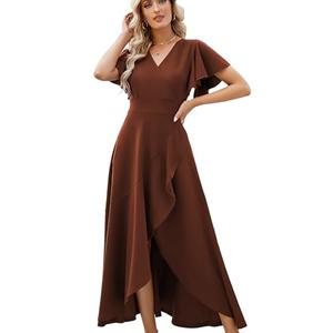 Formal Dresses for Women,Gowns Evening Party Cocktail Dress,Long Split Elegant V Neck Wrap Ruffle Wedding Guest A-line Dresses Deep Coffee Brown-S