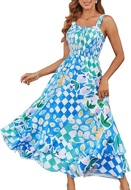 GRACE KARIN Women's 2025 Summer Floral Boho Dress Square Neck Strapped Swing A Line Sundress Beach Long Maxi Outfits (Large, Color: Blue Green)