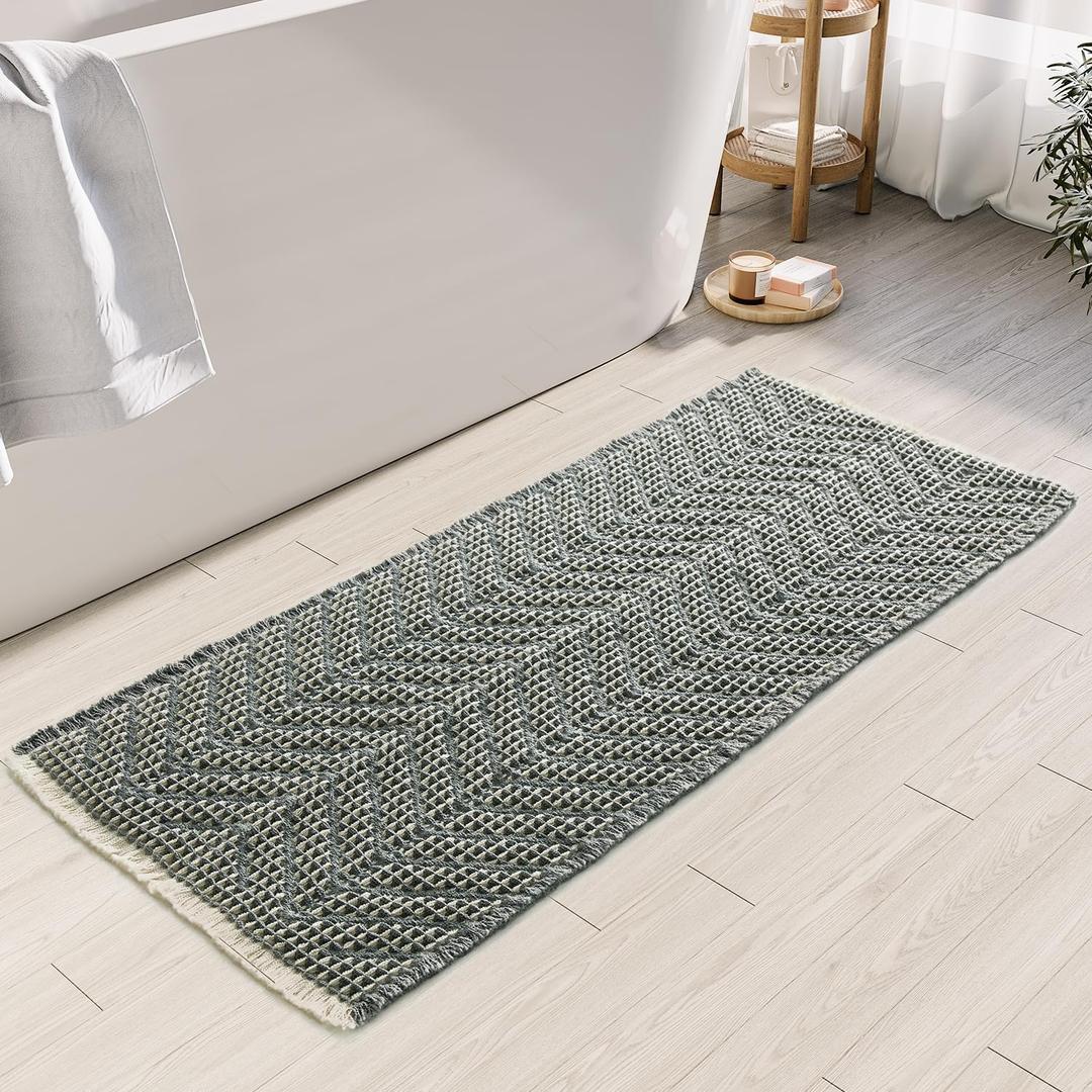 BULULOM Bath Rugs Boho Bath Mat,Upgraded Waffle Bath mat,Super Absorbent Non Slip Bath Rugs,Machine Washable Rugs for Shower Room, Rubber Backing Bath Mats, Ultra Soft,Bluish Grey & Yellow,19"*48"