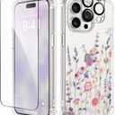 GVIEWIN for iPhone 15 Pro Case, [3 in 1] with Screen Protector & Camera Lens Protector, Clear Hard Shockproof Slim Fit Floral Phone Cover for Women Girls 2023 6.1" (Floratopia/Colorful)