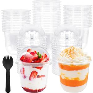50 Pack 12oz Plastic Parfait Cups with Dome Lids, Yogurt Parfait Cups with Sporks, Clear Plastic Cup with Dome Lids(No Hole) for Yogurt, Dessert, Ice Cream, Cupcake, Snacks, Pudding, Fruits