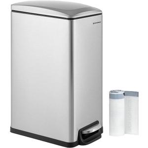 SONGMICS Slim Trash Can, 13-Gallon (50 L) Garbage Can for Narrow Spaces with Soft-Close Lid, Inner Bucket, and Step-on Pedal, Stainless Steel, 15 Trash Bags Included, Silver ULTB510E48