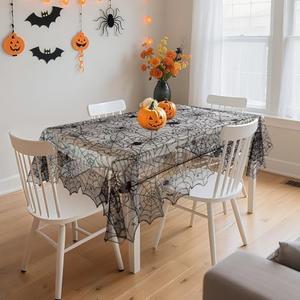 PIGETALE Black Lace Halloween Tablecloth Rectangular Overlay 52"×64" Inches Spider Web Embroidered Table Cloth Gothic Table Cover Decor for Masquerade Scary Movie Nights Dinner Party Decorations 2 Pack