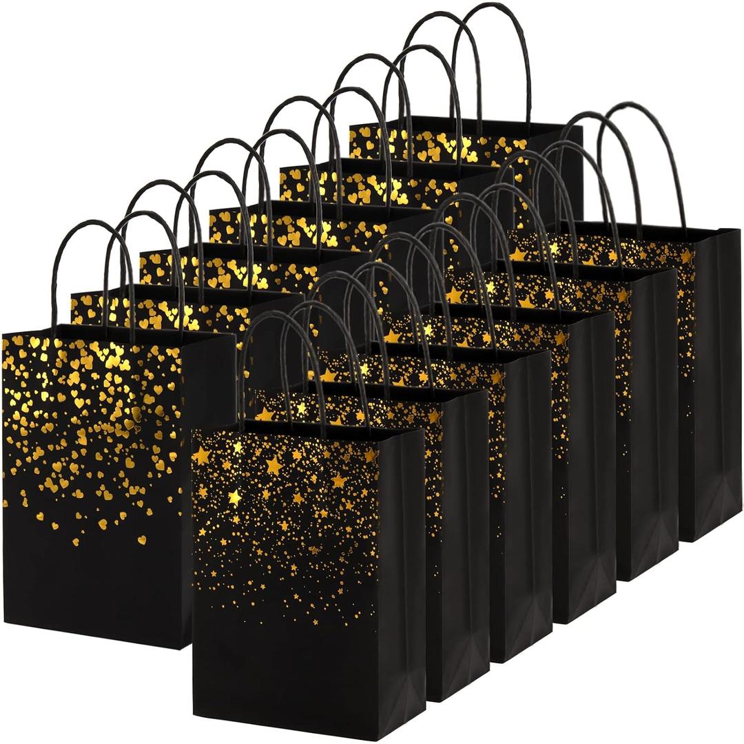Nicunom 60 Pack Paper Gift Bags, 8.3 x 5.9 x 3.1 Inch Black Gold Gift Bags Shopping Bag Bulk Kraft Paper Bag Party Favor Bag for Wedding Birthday Halloween Thanksgiving Christmas