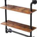 YMYNY Industrial Pipe Shelf Bracket, 2 Tiers Retro Wall Mounted Floating Shelf, Wood Look DIY Storage Shelving Bookshelf, UHRF-TM014 (2 Tiers with Towel Holder)