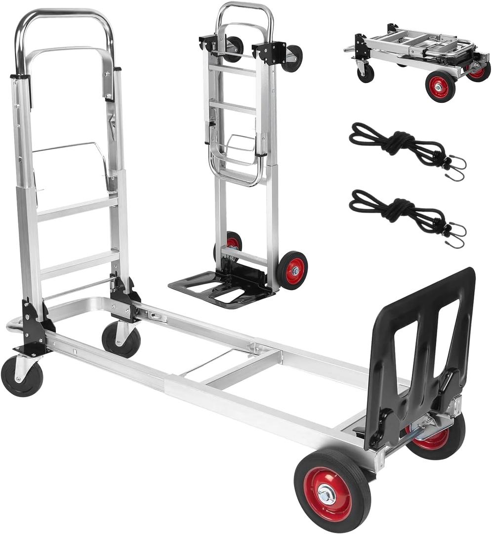 Aluminum 3-in-1 Folding Hand Truck, 500Lbs Heavy Duty Dolly Cart with 2 Large 6-Inch Quiet Rubber Wheels, 2 360 Swivel Wheels, 2 Bungee Cords, Portable Dolly for Home, Office, Warehouse, Packages