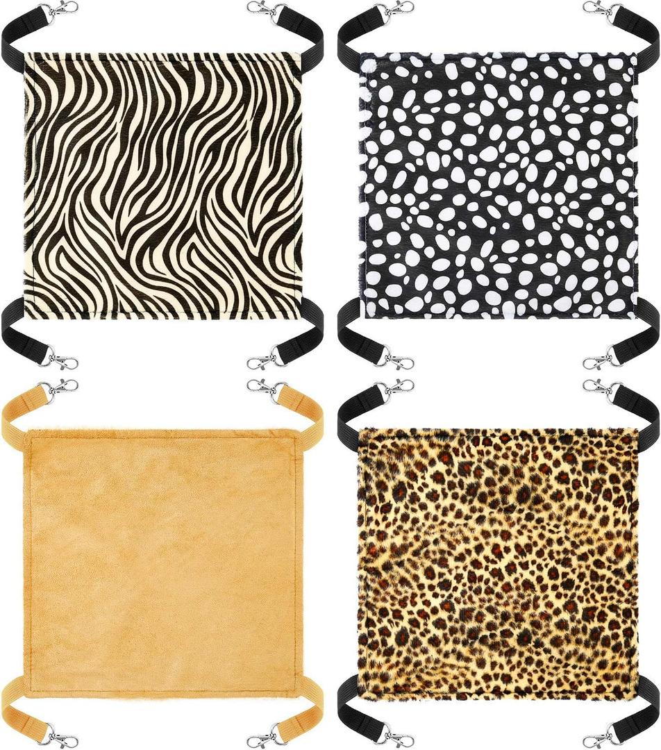 Boao 4 Pcs Guinea Pig Hammock Rat Hammock for Cage Small Animals Hanging Hammock Pet Cage Accessories for Chinchilla Parrot Sugar Glider Ferret(Leopard, Zebra, Black and White Dots, Camel)