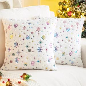 Soft Faux Fur Fuzzy Cute Decorative Throw Pillows Covers with Snowflake Glitter Printed Pillowcases for Christmas Decor Home Bed Room Sofa Chair Couch, Colorful Ivory White 20x20 inch, Pack of 2
