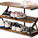 3-Tier Shoe Rack, Wooden Shoe Storage with S Shape Heavy Duty Metal Free Standing, Shoe Organizer Shelf for Entryway, Living Room, Closet, Bedroom (Rustic) (11.81 x 25.78 x 15.86 Inches)