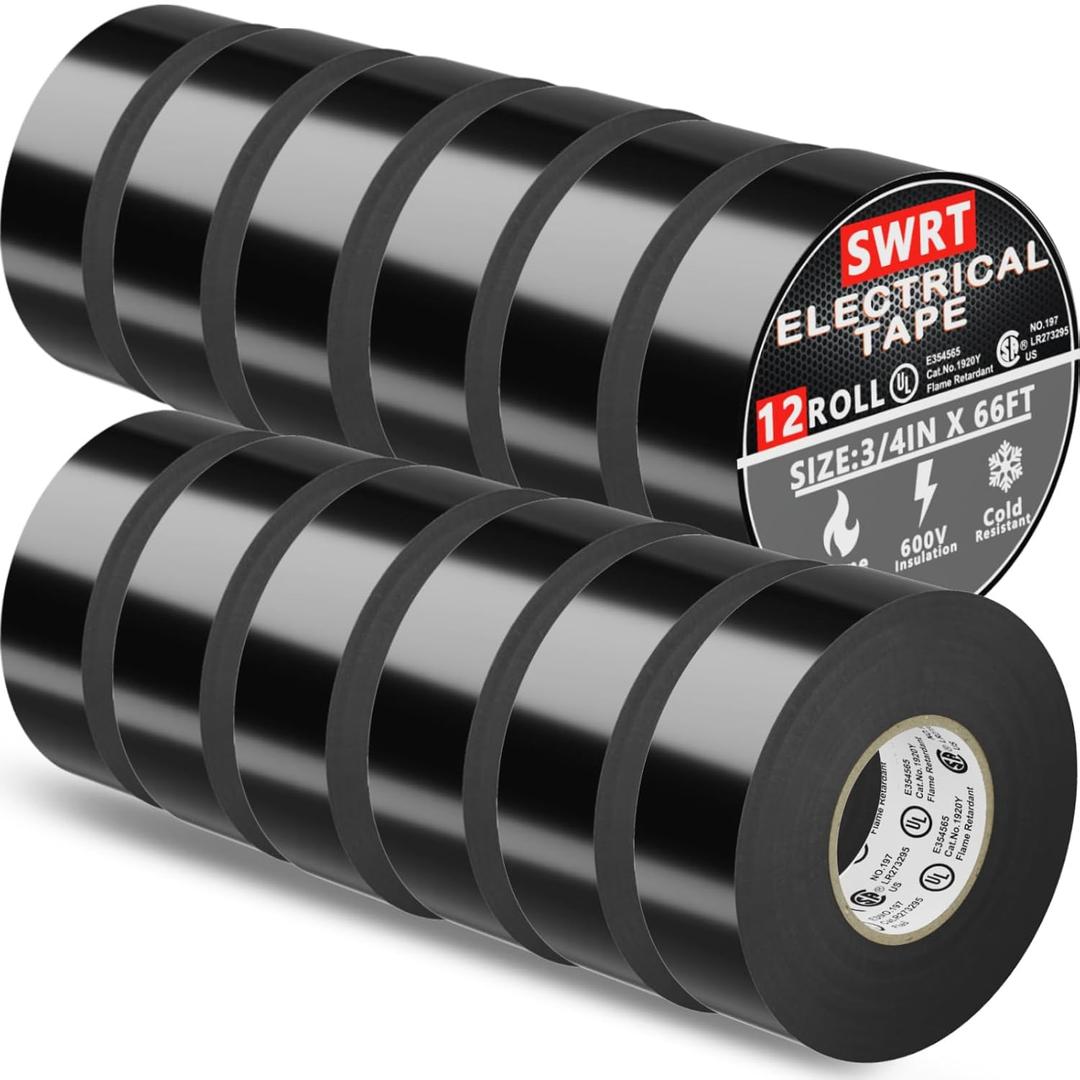 SWRT 12 Pack UL/CSA Listed Black Electrical Tape 7 mils -600V, 0.75 in x 66 FT Electric Tape Flame Retardant, Strong Adhesive, for Home DIY Electrical Repairs Professional Installations