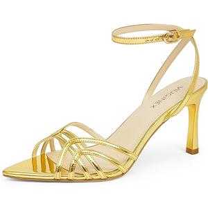 VIUGJNEX Women Gold Heels Strappy High Heels Stilettos Open Toe Ankle Strap Dress Comfortable Wedding Lace Up Heeled Sandals Size 7.5