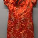 Women Cheongsam Long Dress Evening Short Sleeve Slim Fit Maxi Dress Floral Faux Silk Stand Collar Bodycon Qipao (Red Dragon) XL