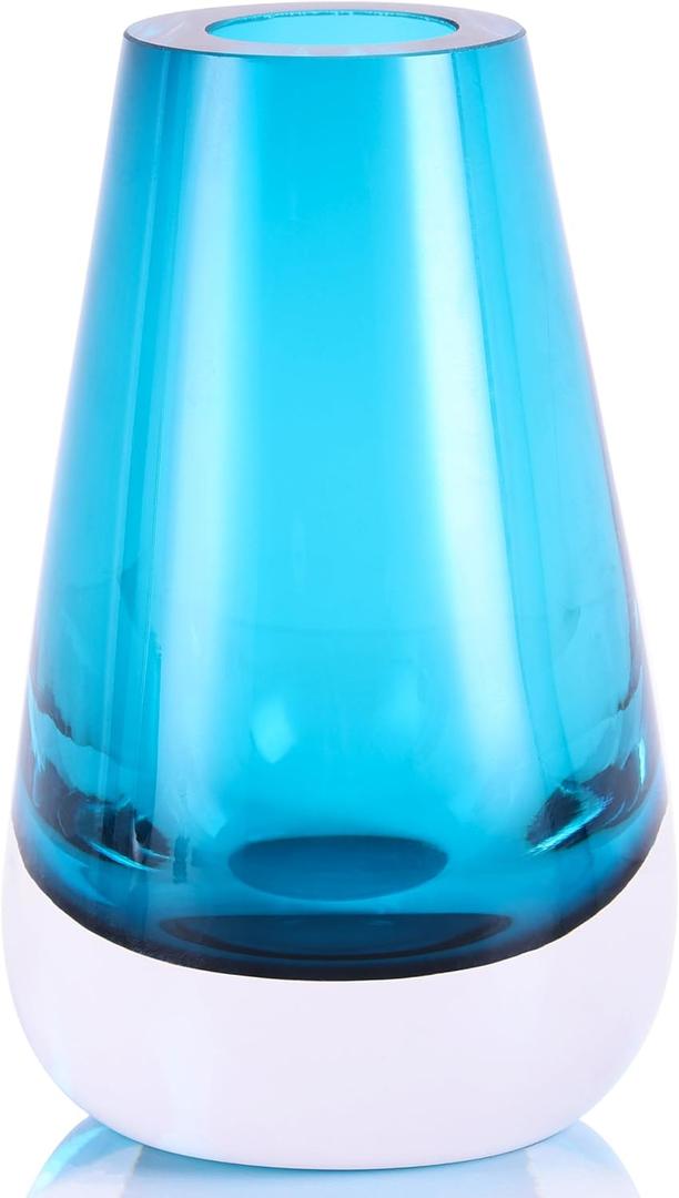 Handmade Blue Glass Vase, Modern Teal Vase for Home Decor, Elegant Table Centerpiece, Ideal for Living Room, Bedroom, and Office (Straight-Mouth Bottle)