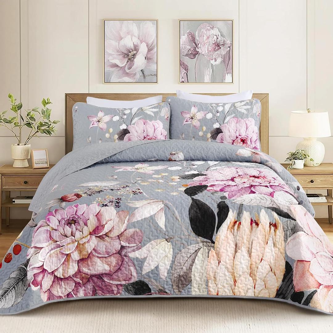 Drucon Floral Quilt King Size - 3 Pieces Grey Quilt Botanical Bedspread Soft Lightweight Flower Bedding Set for All Season (104"x90")