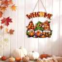 Aurlan Fall Welcome Door Sign,Hello Autumn Gnome Wooden Sign,Rustic Pumpkin Wood Wall Sign,Fall Gnome Wall Decor,Autumn Maple Leaves Door Hanging,Welcome Thanksgiving Decor for Farmhouse Porch Yard Home